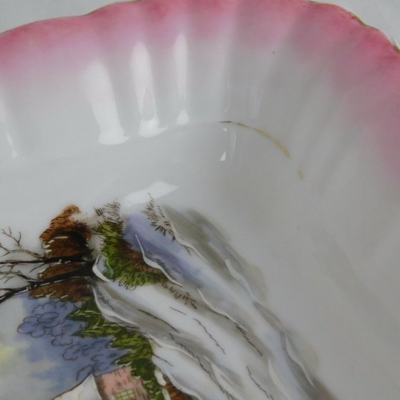 Vintage Numbered 274/751 Pink Rim Square Bowl w/Handpainted Winter House Scene - Picture 3 of 6